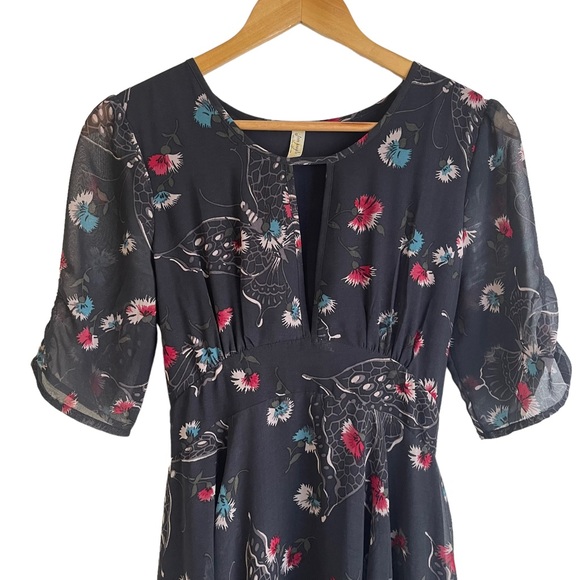 Free People Navy Blue Floral Short Sleeve Midi Dress Size 6 - Picture 3 of 5